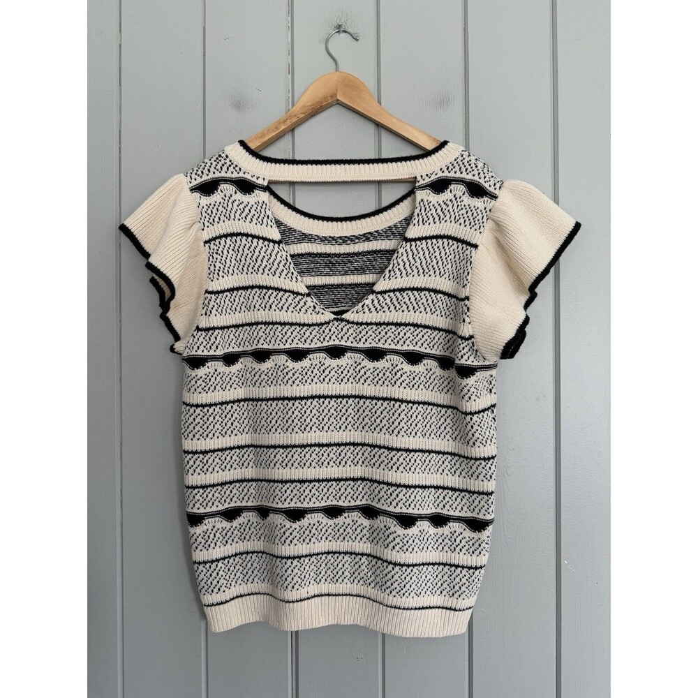 Baltic Born Herriman Knit Top 1X Black White Flutter Short Sleeves Fair Isle - Picture 5 of 7